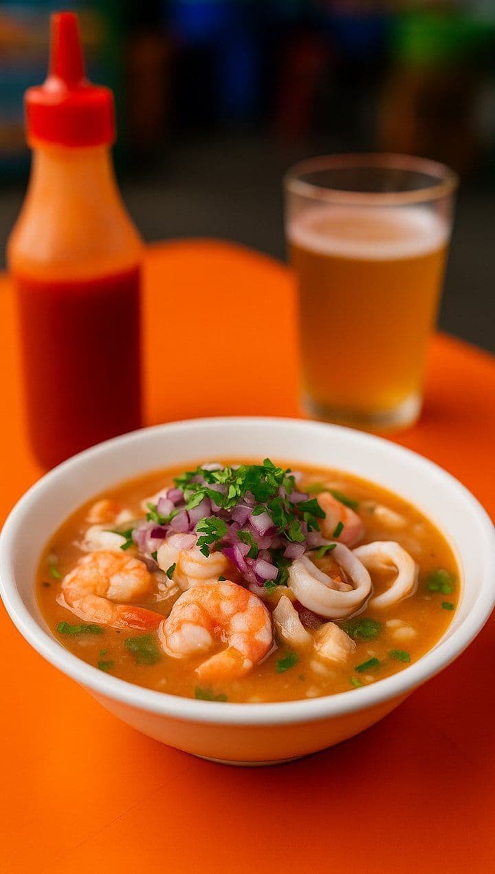 Ecuadorian ceviche with shrimp, squid and red onion, with hot sauce and a beer